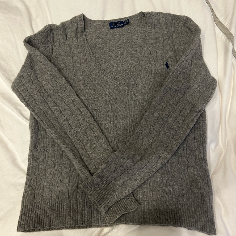 Grey Cable Knit Ralph Lauren V Neck Sweater